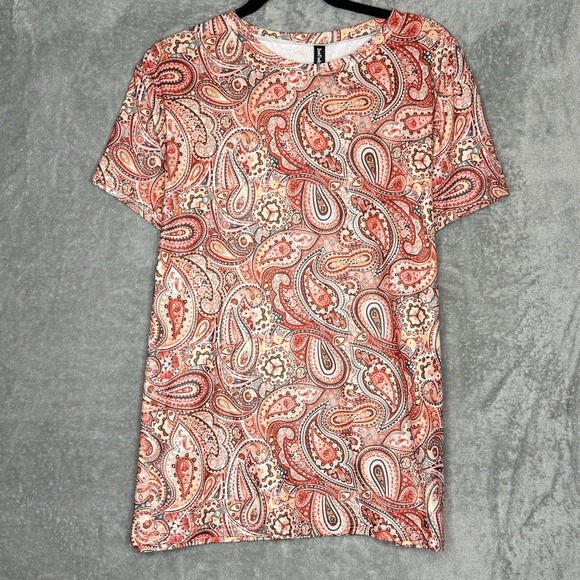 Just Fashion Now XL Shirt Top Pink Paisley Short Sleeve Round Neck Stretch Knit - Picture 1 of 8